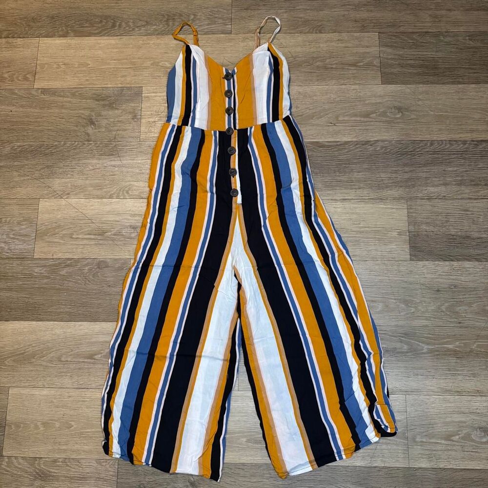 Retro Multicolor Vertical Stripe Button Down Jumpsuit Wide Leg Crop UO Style